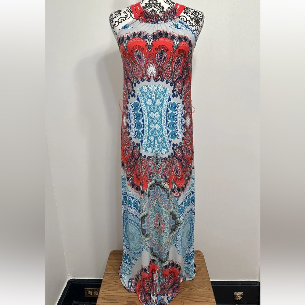jessica taylor NYC women’s red blue parsley unlined  halter dress size medium.
